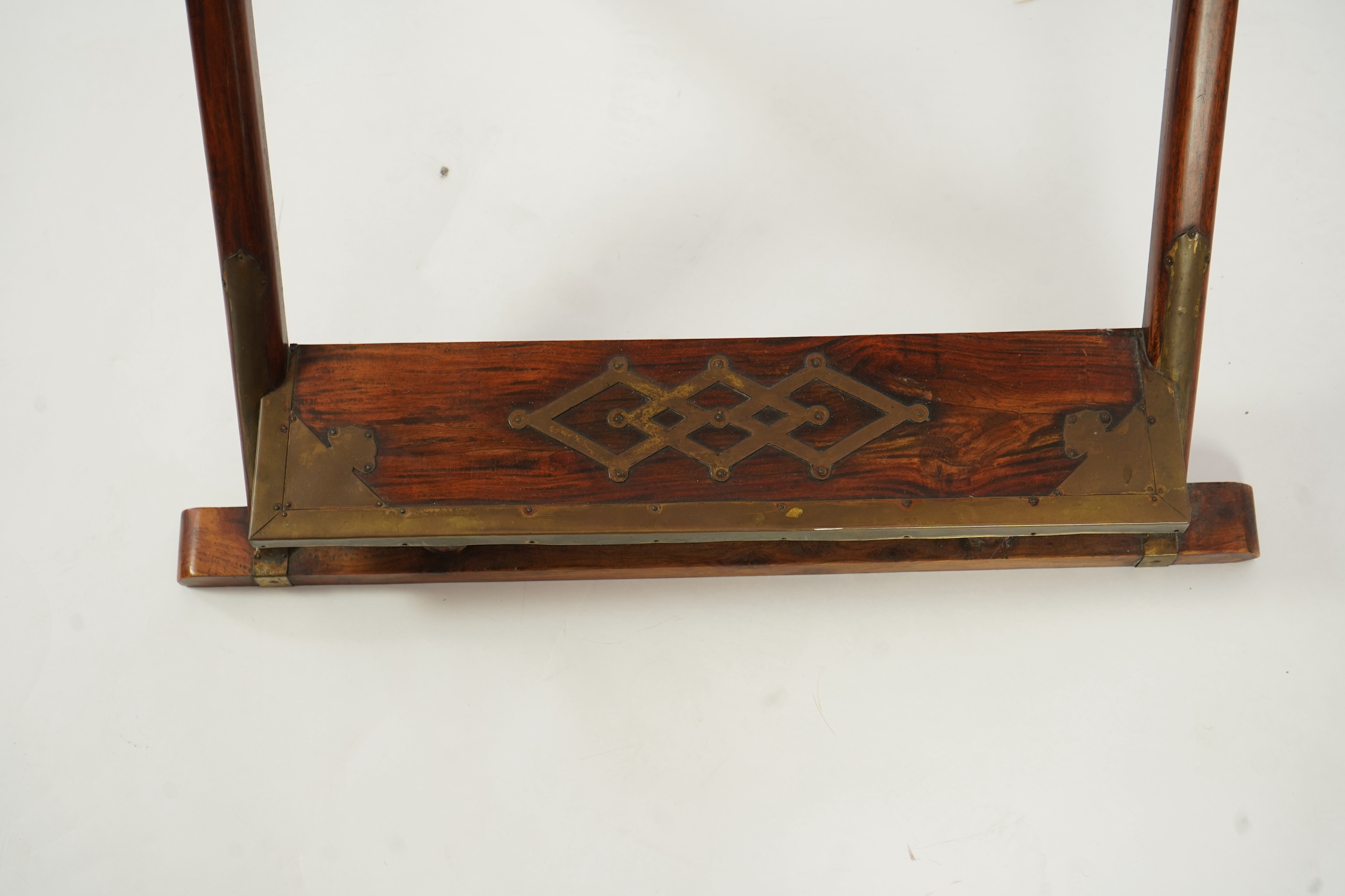A Chinese huanghuali, hongmu and brass mounted folding hunting chair, jiaoyi, early 20th century